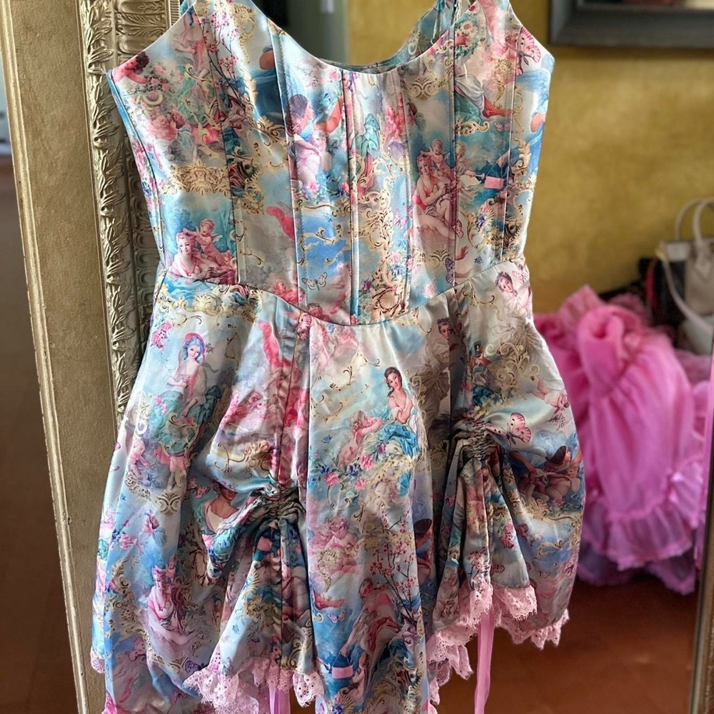 Vintage Style Sugarthrillz x Dolls Kill Corset Dress with Pink and Blue Print